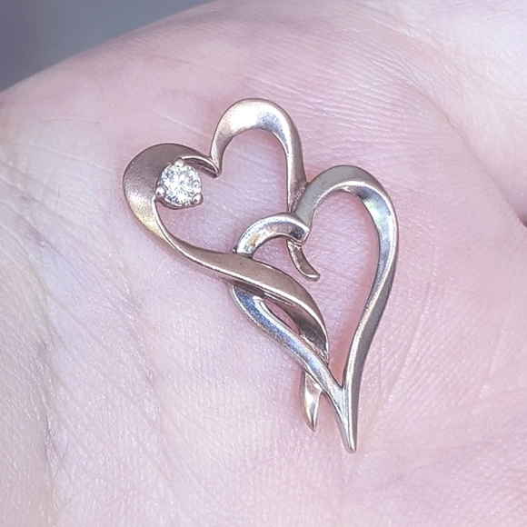 10K solid rose and white gold diamond double heart pendant - Picture 3 of 10